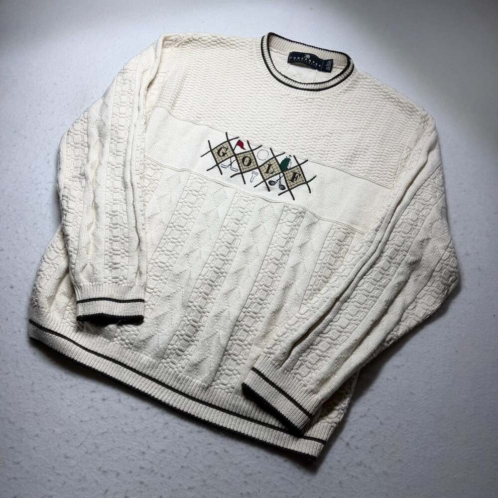 Vintage Consensus Sportswear Golf Embroidered Cable Knit Crewneck Sweater Size L